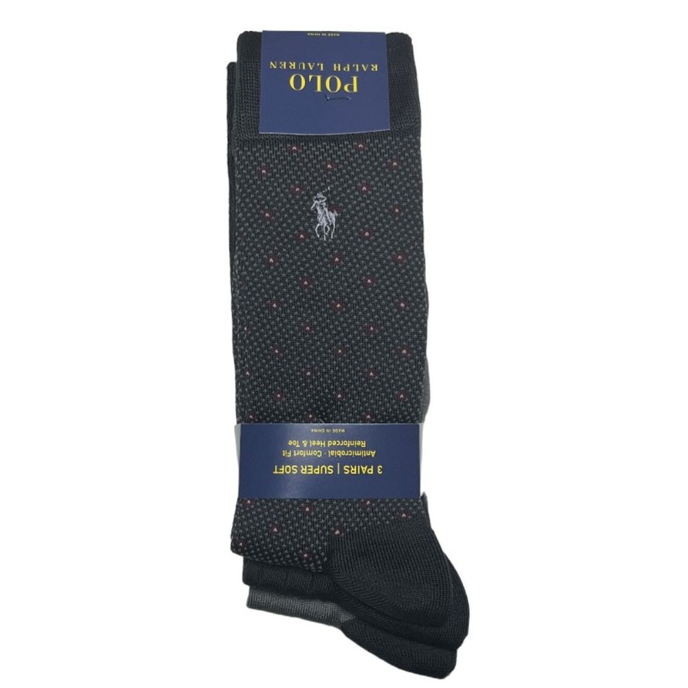 Polo Ralph Lauren Mens Black/ Grey/ Birdseye Pony Logo Soft Dress Socks - 3 Pack